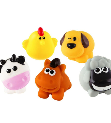 Set of 12 Winfun plastic farm animal figures, including chickens, cows, and pigs, each about 7x6.5x4 cm, for children’s play.