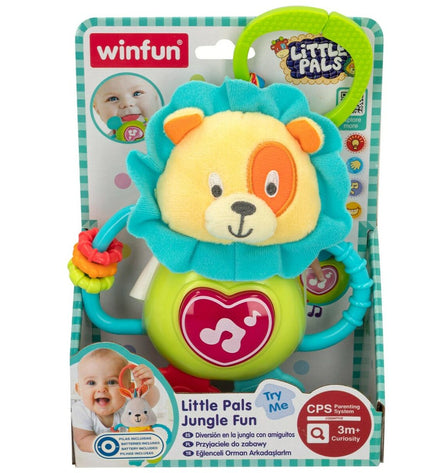 Set of six Winfun soft rattles for babies, measuring 14 x 19 x 6.5 cm, featuring colorful, textured baby toy designs.