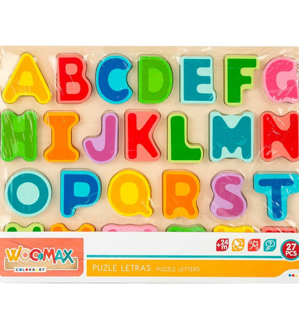 Woomax wooden children's puzzle with 27 pieces, suitable for ages 2 and up, featuring colorful interlocking parts and animal shapes.