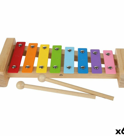 Six Woomax xylophones with wooden and metal bars, children's musical instruments, measuring 26x4.5x11.5 cm each.