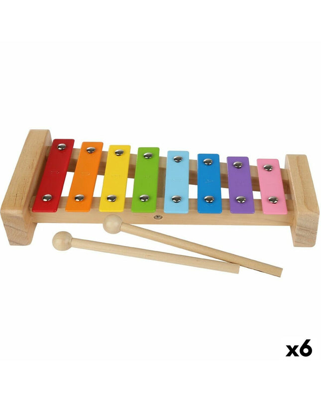 Six Woomax xylophones with wooden and metal bars, children's musical instruments, measuring 26x4.5x11.5 cm each.