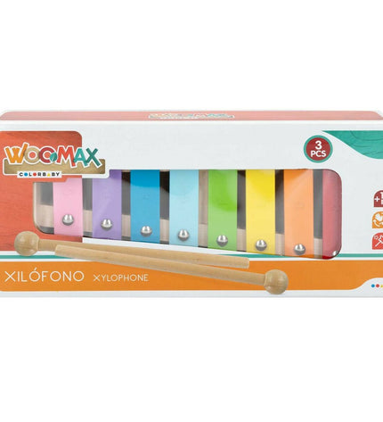 Set of six Woomax wooden and metal xylofoon musical toys for children, measuring 26x4.5x11.5 cm, colorful and child-friendly.