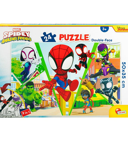 Spidey brand double-sided jigsaw puzzle with 24 pieces, measuring 50x35 cm, featuring Spider-Man themed images for kids.