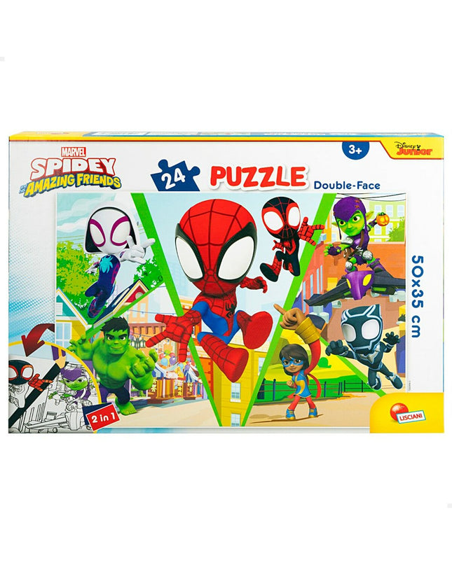 Spidey brand double-sided jigsaw puzzle with 24 pieces, measuring 50x35 cm, featuring Spider-Man themed images for kids.
