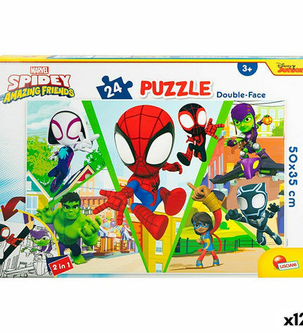 Spidey brand double-sided puzzle with 24 pieces, measuring 50x35 cm, featuring superhero-themed images for children.