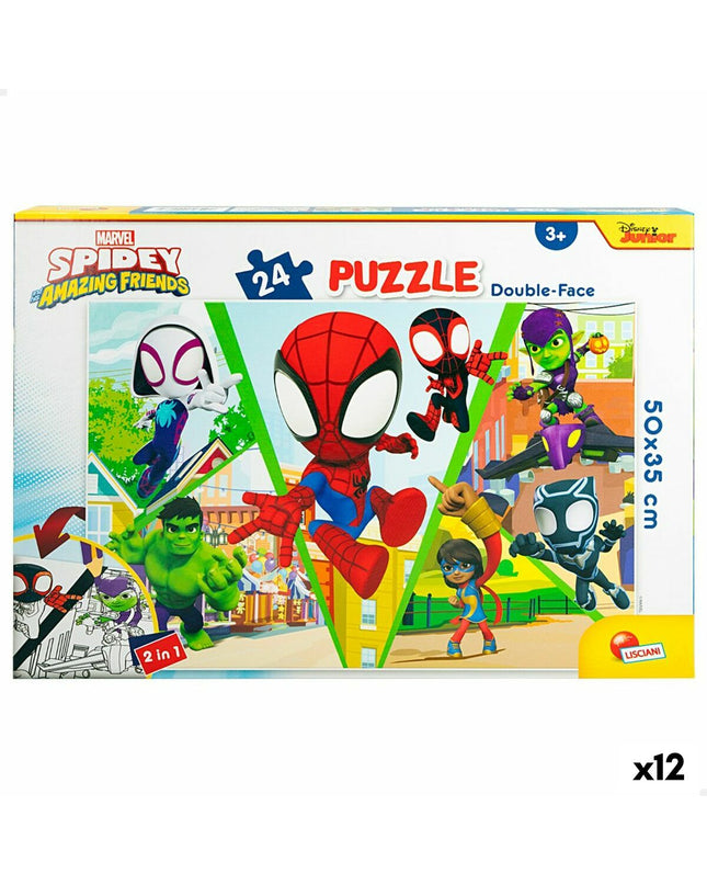 Spidey brand double-sided puzzle with 24 pieces, measuring 50x35 cm, featuring superhero-themed images for children.