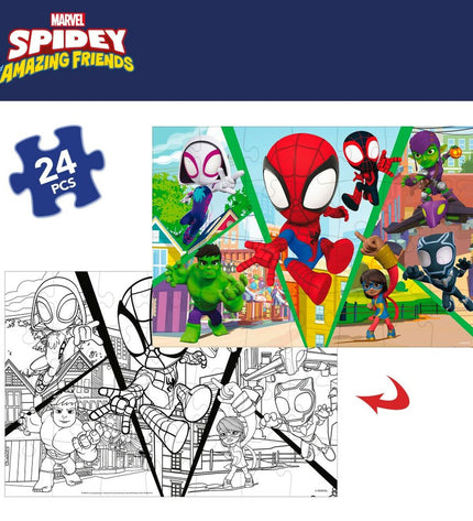 Spidey brand double-sided puzzle with 24 pieces, Spider-Man themed, measuring 50x35 cm, colorful children's toy and game.