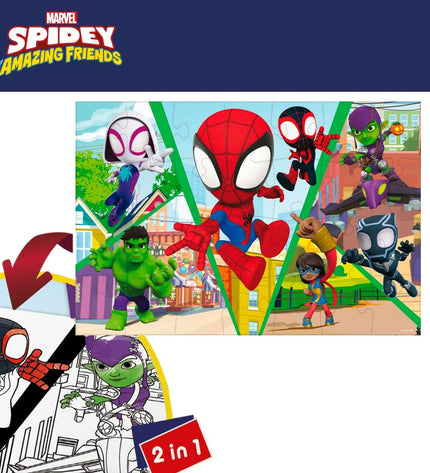 Spidey brand Kinderpuzzel, dubbelzijdig Spider-Man themed puzzle with 24 pieces on a 50x35 cm board, colorful and engaging.