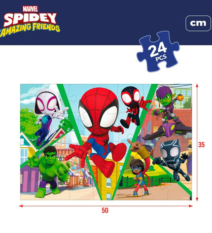 Spidey brand children's double-sided puzzle with 24 pieces, Spider-Man themed, measuring 50x35 cm, colorful and educational.