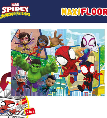 Spidey Kinderpuzzel dubbelzijdig with 24 pieces, colorful cartoon superhero design, measuring 70 x 1.5 x 50 cm, set of 6 puzzles.