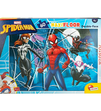 Spider-Man double-sided puzzle with 60 pieces, colorful images, and dimensions 70x1.5x50 cm, ideal for kids' toy and game collection.
