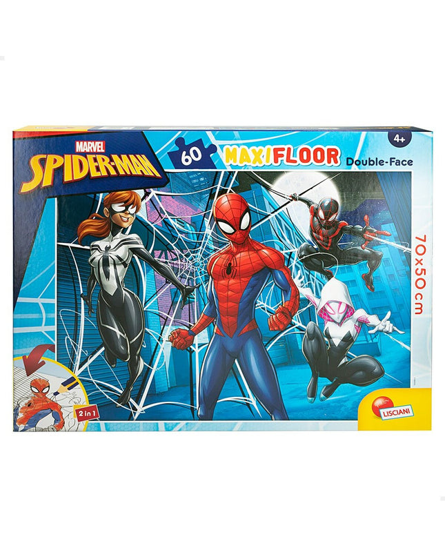 Spider-Man double-sided puzzle with 60 pieces, colorful images, and dimensions 70x1.5x50 cm, ideal for kids' toy and game collection.