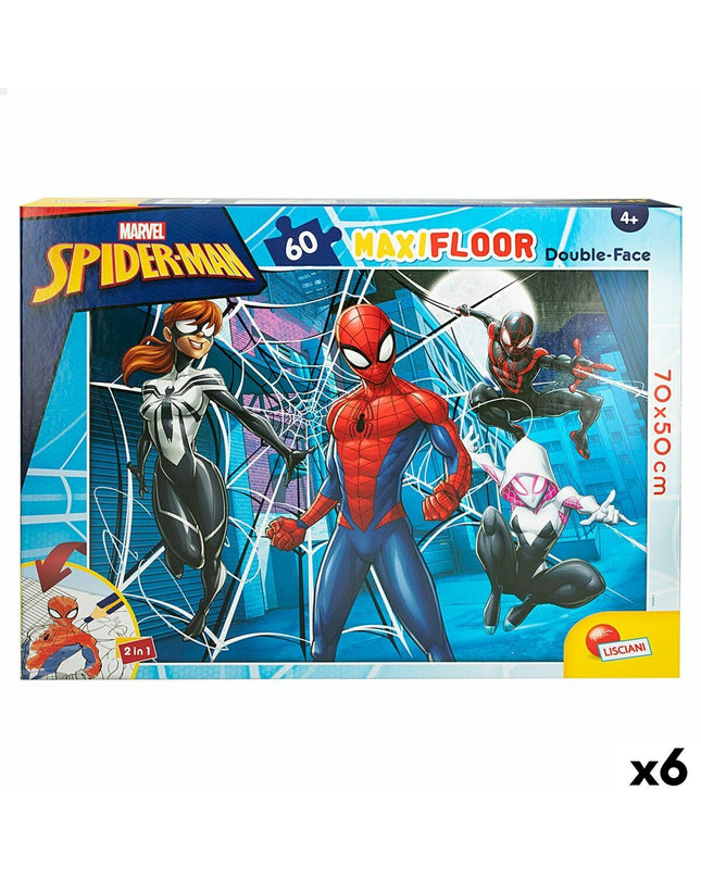 Spider-Man double-sided puzzle with 60 pieces, colorful superhero-themed jigsaw for children, includes six puzzles, 70 x 50 cm size.