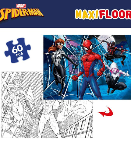 Spider-Man double-sided jigsaw puzzle with 60 pieces, 70x50 cm, featuring superhero artwork, designed for children’s play and brain games.
