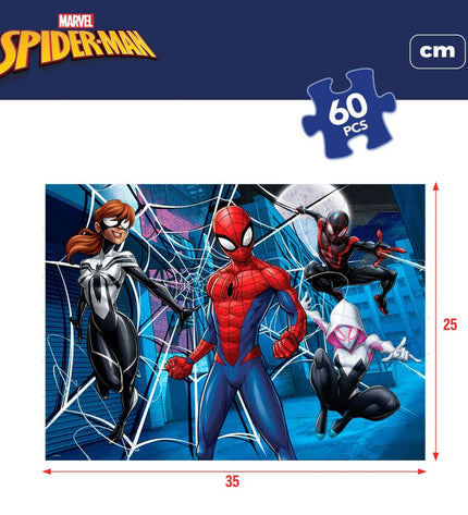 Spider-Man double-sided puzzle with 60 pieces, colorful design, measuring 70x1.5x50 cm, featuring Spider-Man themed artwork.