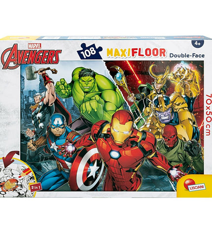 Double-sided Avengers puzzle with 108 pieces, featuring superhero characters, measuring 70x1.5x50 cm, in a set of six.