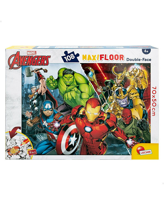Double-sided Avengers puzzle with 108 pieces, featuring superhero characters, measuring 70x1.5x50 cm, in a set of six.