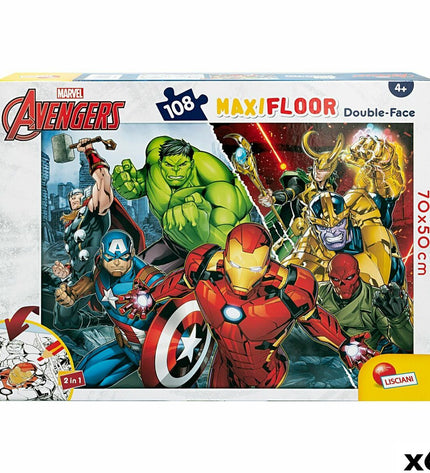The Avengers double-sided puzzle with 108 pieces, colorful superhero scenes, and dimensions 70x1.5x50 cm, six-piece set.