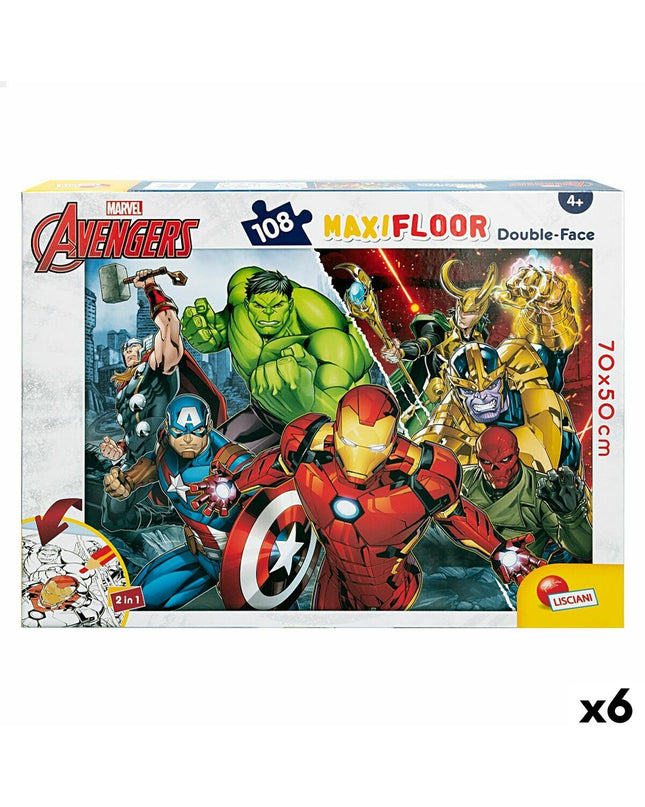 The Avengers double-sided puzzle with 108 pieces, colorful superhero scenes, and dimensions 70x1.5x50 cm, six-piece set.