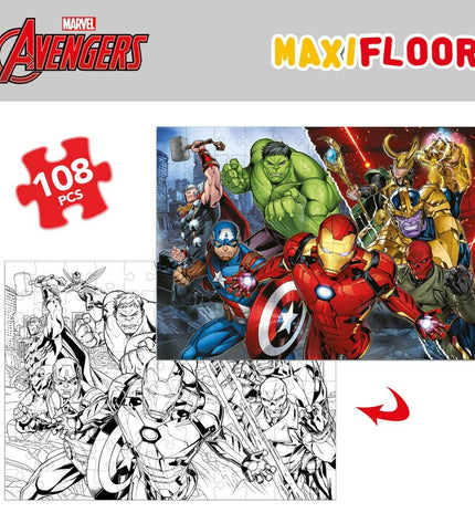 The Avengers double-sided jigsaw puzzle with 108 pieces, colorful superhero images, spread out on a flat surface.