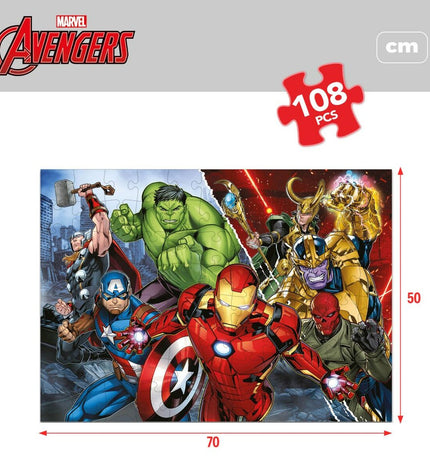 The Avengers double-sided puzzle with 108 pieces, featuring superhero images, spread out on a flat surface.