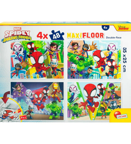 Set of 4 Spidey puzzles with 48 pieces each, featuring colorful superhero designs, ideal for children’s play and brain development.