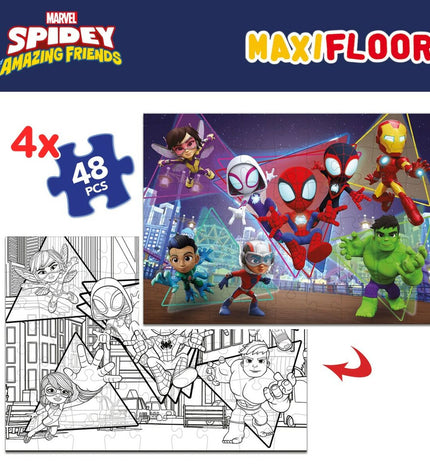 Set van 4 Spidey puzzels met 48 onderdelen, afmetingen 35x1.5x25 cm, geschikt voor kinderen, speelgoed en hersenkrakers.