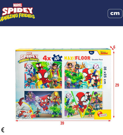 Set of 4 Spidey puzzles with 48 pieces each, featuring superhero design, measuring 35 x 1.5 x 25 cm, for children and enthusiasts.