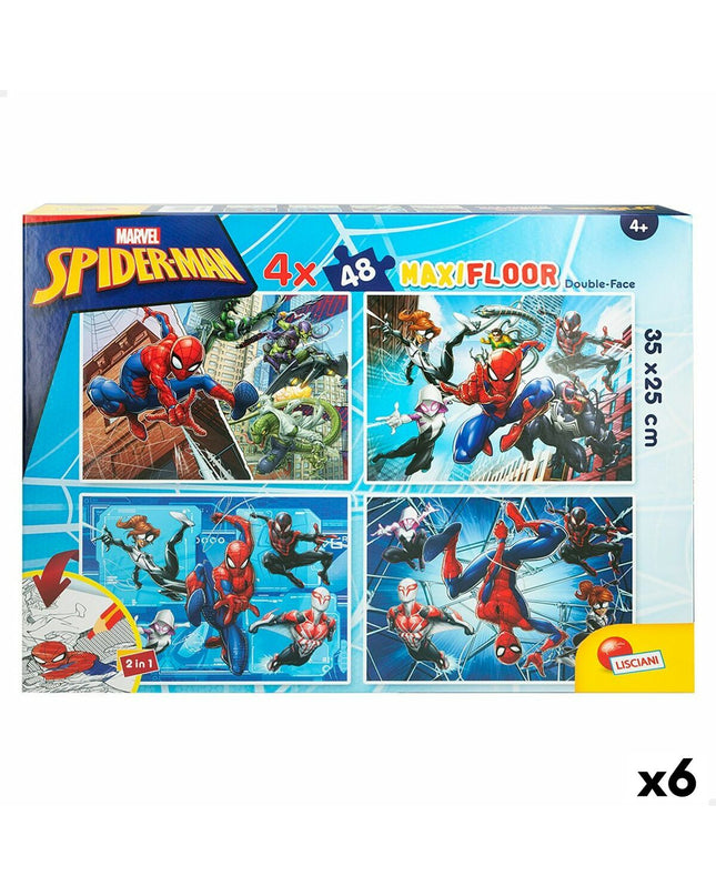 Spider-Man double-sided 4-in-1 puzzle set with 48 pieces, colorful toy for kids, featuring Spider-Man images and multiple puzzles.