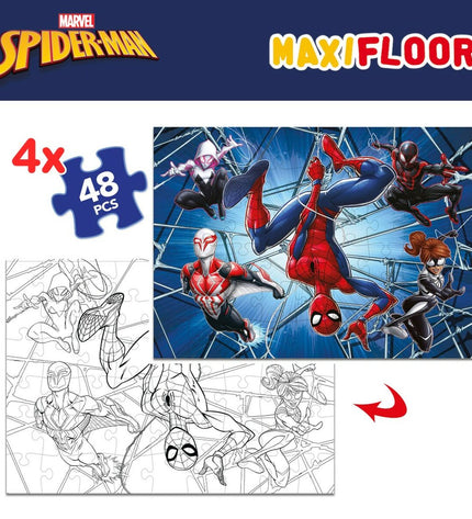 Spider-Man double-sided 4-in-1 puzzle with 48 pieces, colorful superhero toy for kids, measuring 35 x 1.5 x 25 cm, set of six.