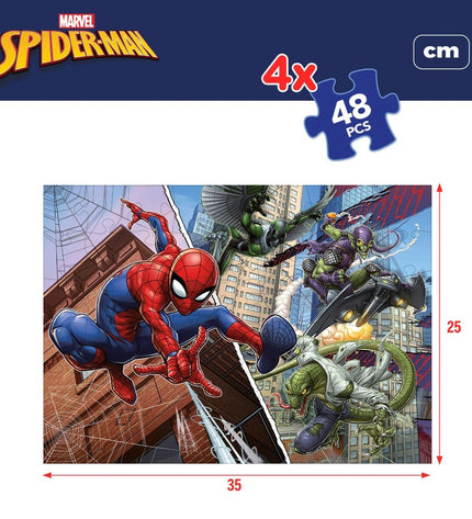 Spider-Man 4-in-1 double-sided puzzle set with 48 pieces, ideal for children, featuring Spider-Man themed designs, dimensions 35x1.5x25 cm