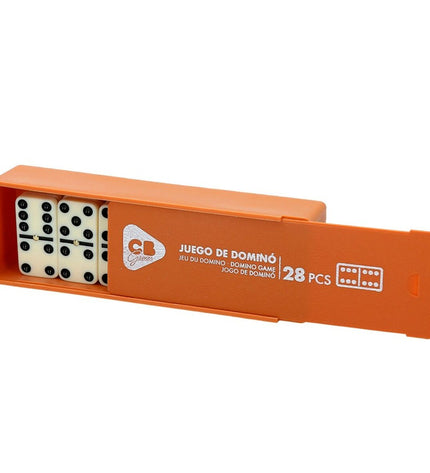 Set of 12 CB Games dominoes for playing, arranged in a line on a flat surface, showcasing colorful dots and classic game design.