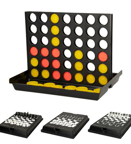 Set of four CB Games board games with six pieces, featuring colorful game accessories and packaging for kids' play.
