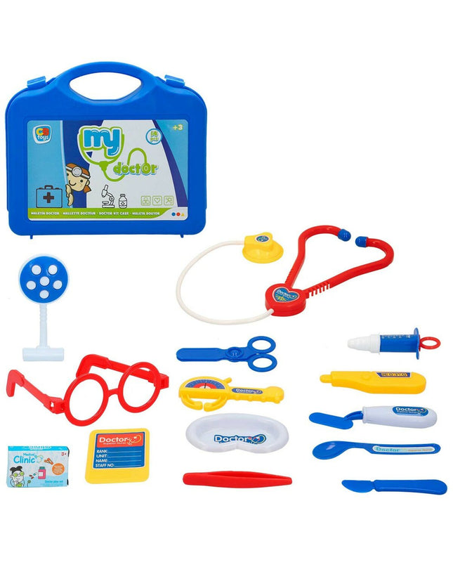 Colorbaby My Doctor toy set with 14 colorful medical accessories, ideal for imaginative doctor role-playing and pretend play.