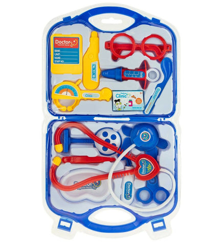 Colorbaby My Doctor toy kit with 14 medical accessories, including stethoscope, syringe, and bandages for pretend play.