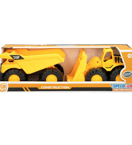 Six Speed & Go toy construction vehicles in various colors, measuring 18.5 x 10.5 x 10 cm, arranged on a white background.