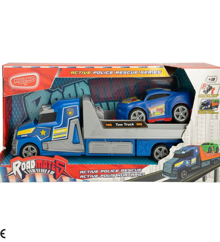 Six Colorbaby autotransporters in vibrant colors, 36x11x10cm, toy vehicles for children, displayed together on a white background.