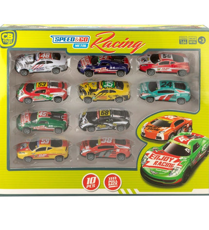 Six Speed & Go vehicle playsets, each measuring 8 x 2.2 x 3.6 cm, featuring colorful toy cars for kids' playtime.