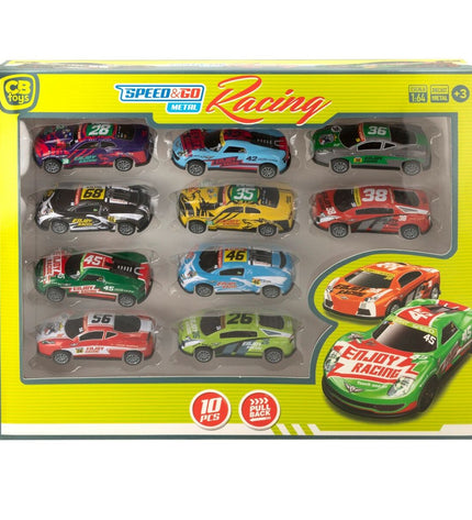 Set of six Speed & Go toy vehicle playsets, each 8 x 2.2 x 3.6 cm, featuring small colorful toy cars for children’s entertainment.