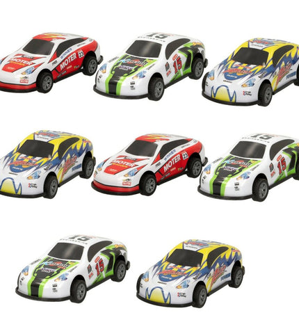 Set of six Speed & Go toy vehicles, small plastic cars measuring 8.9 x 2.7 x 4 cm, for kids' play and vehicle games.