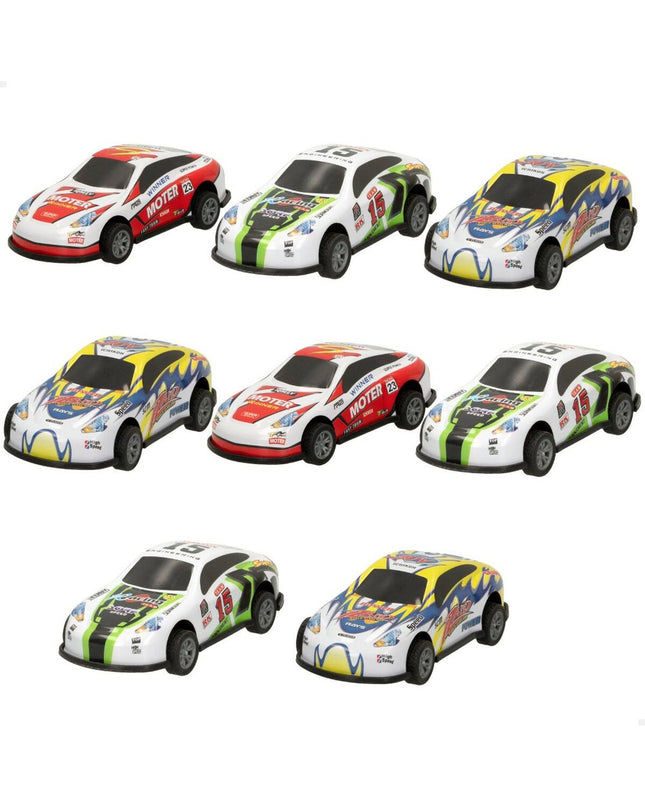 Set of six Speed & Go toy vehicles, small plastic cars measuring 8.9 x 2.7 x 4 cm, for kids' play and vehicle games.