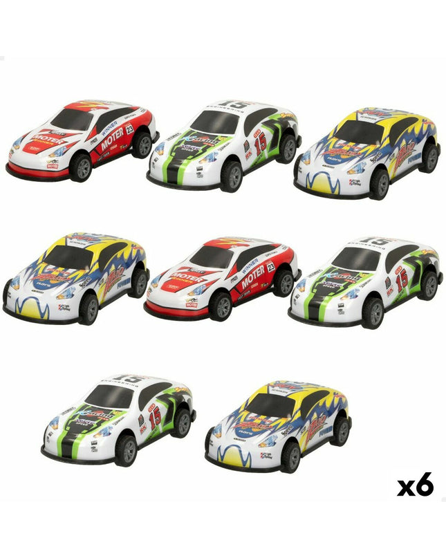Set of six Speed & Go toy vehicles, small colorful cars and trucks, designed for children, measuring approximately 8.9 x 2.7 x 4 cm.