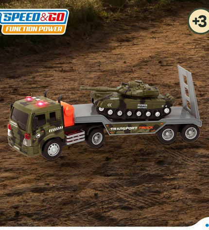 Two Speed & Go toy trucks, carrier vrachtwagen in 47.5 x 11.5 x 10 cm size, made of colorful plastic, suitable for children.