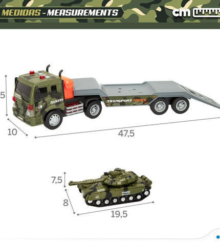 Two Speed & Go toy trucks, Vrachtwagen cargo carriers, measuring 47.5 x 11.5 x 10 cm, in bright colors, on a plain background.