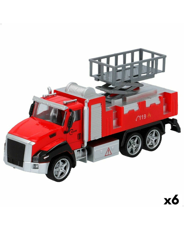 Six Speed & Go fire truck toys, colorful miniature vehicles measuring 21 x 9.5 x 5.5 cm, designed for children’s play.