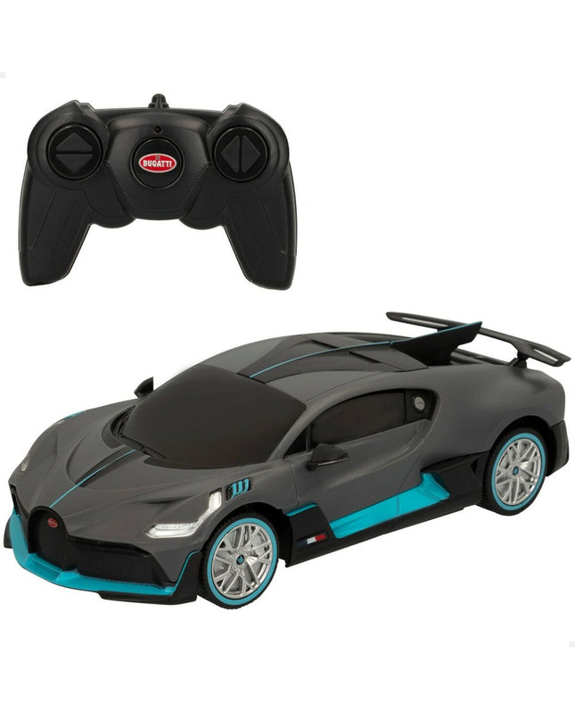 Four Bugatti remote-controlled toy cars in vibrant colors, designed for children’s play and racing fun.