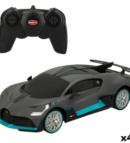 Set of four remote-controlled Bugatti toy cars, detailed miniature vehicles in vibrant colors, perfect for play and collection.