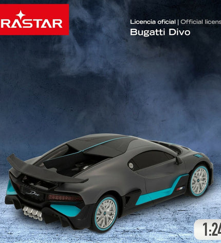 Set of four Bugatti remote-controlled toy cars, detailed miniature vehicles in vibrant colors, perfect for play and collection.