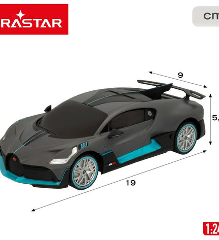 Four Bugatti remote-controlled toy cars in various colors, detailed miniature vehicles for kids' play and collection.