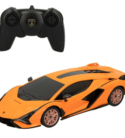 Four Lamborghini remote control toy cars in vibrant colors, detailed with realistic designs, perfect for play and display.